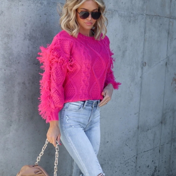 Vici Sun Goes Down Cable Knit Fringe Magenta Pink Pullover Sweater NEW - Picture 1 of 6